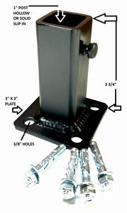 NO WELDING SLIP FIT 1" Handrail 3 3/4" repair foot w Set Screw for 1" Rail posts on 3"x 3" plate Black paint & hardware included!